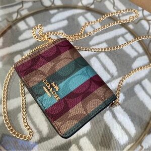 COACH MINI WALLET ON A CHAIN IN SIGNATURE CANVAS WITH STRIPE PRINT KHAKI NEW